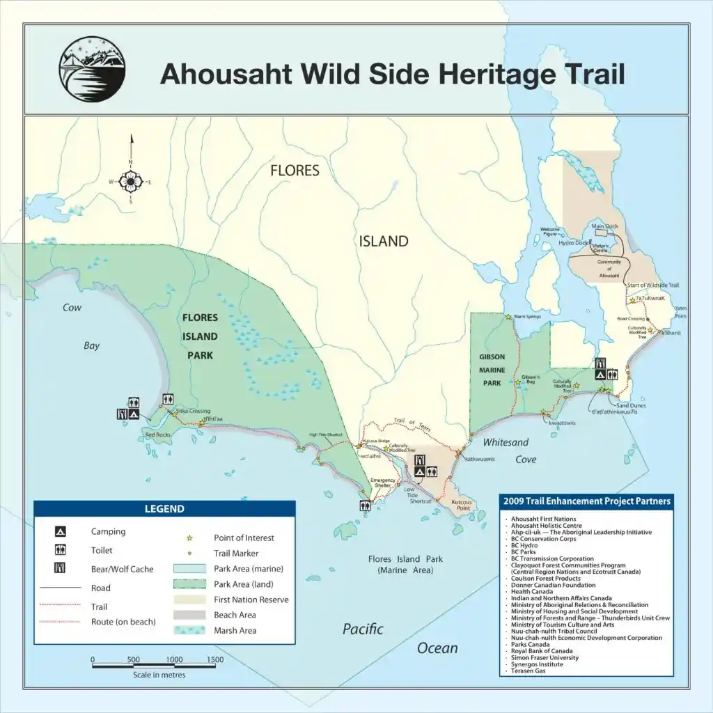 Map of the Wild Side Trail on Flores Island near Tofino, BC. Find out how to hike and camp on a remote beach on Vancouver Island.