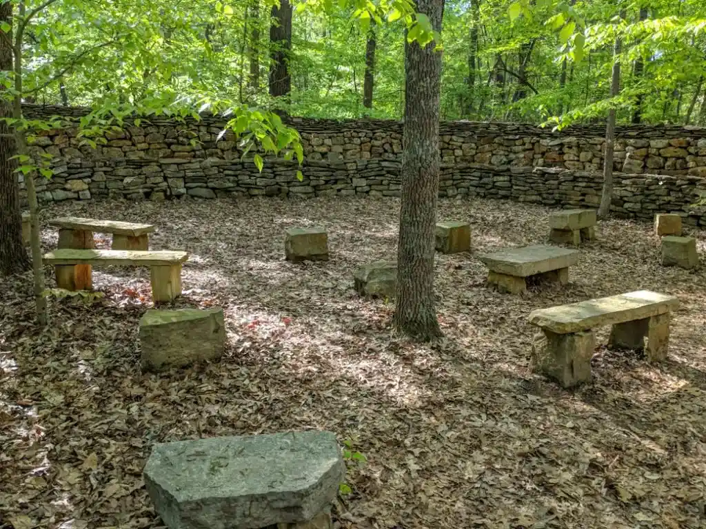 Wichahpi Commemorative Stone Wall near the Natchez Trace. Learn how to cycle tour the Natchez Trace Parkway in this detailed guide.