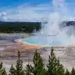 The view of Grand Prismatic Spring from above. Get your Yellowstone packing list to get prepped for your trip.