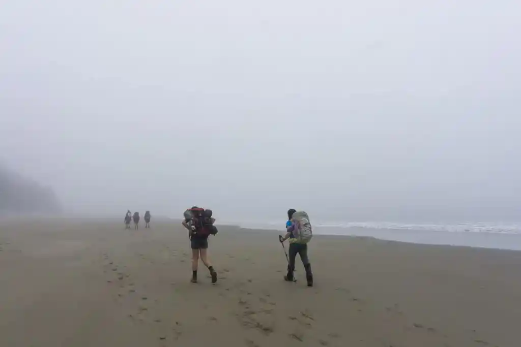 Hikers walk through fog on the beach on the West Coast Trail