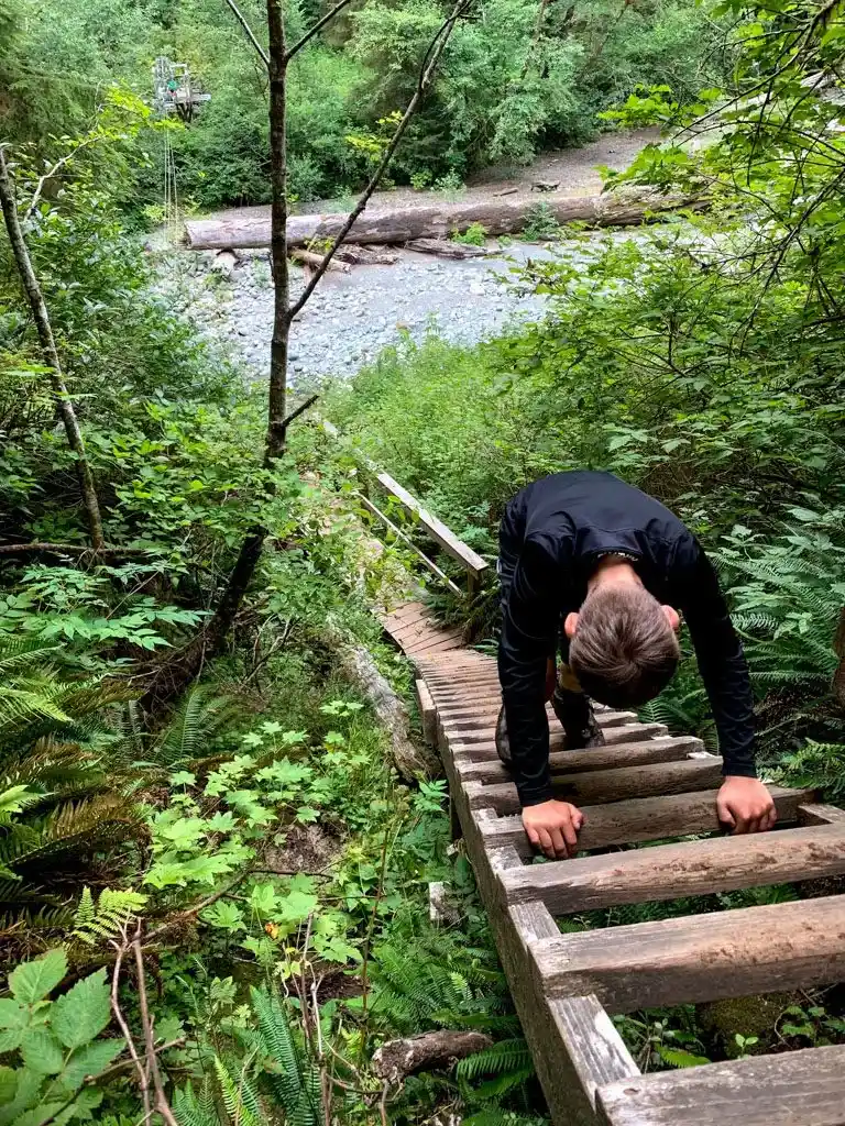 A hiker descending the ladders to Cullite Creek on the West Coast Trail
