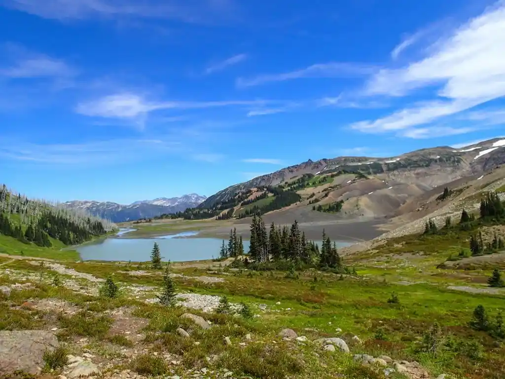 The view of Helm Lake from Helm Pass in Whistler