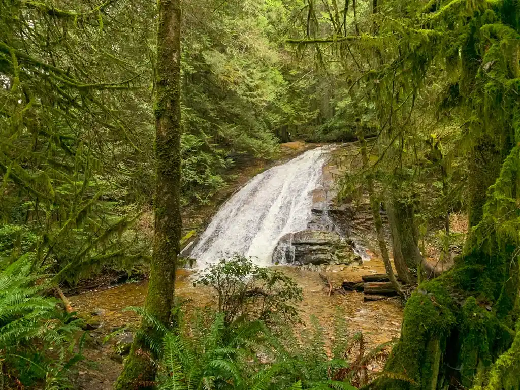 A waterfall cascades down a rock face in Roberts Creek on the Sunshine Coast, BC