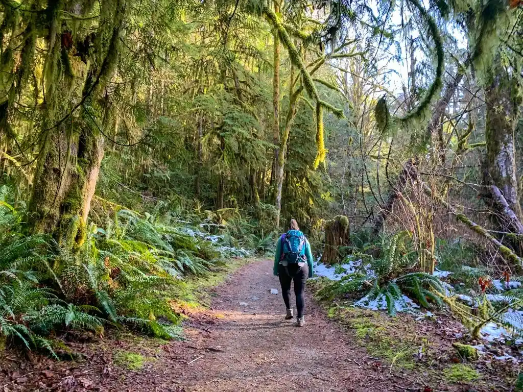 A female hiker wearing hiking leggings on the trail to Skookumchuck Narrows