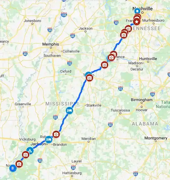 Cycling the Natchez Trace Google Map