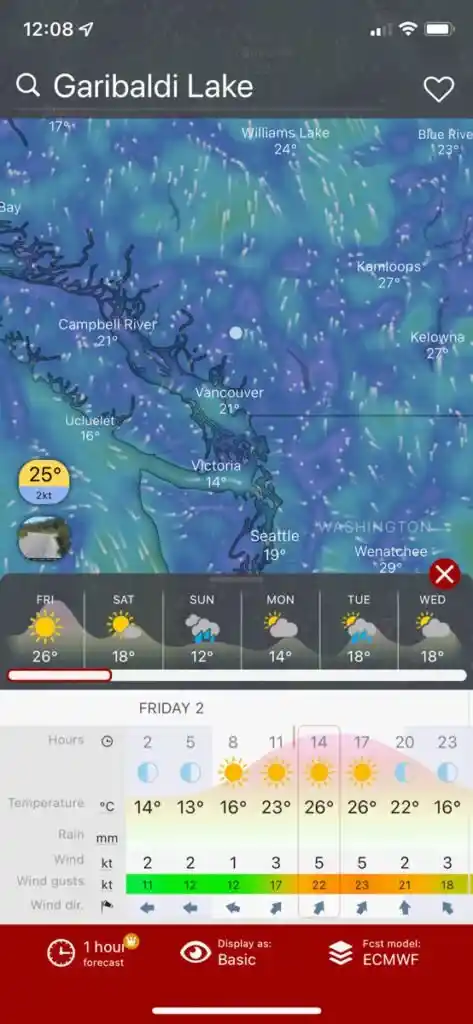 Screenshot from Windy, one of the best weather apps for hikers