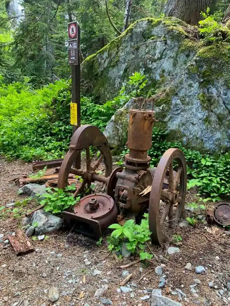 Old mining tramway machinery on the Della Falls Trail