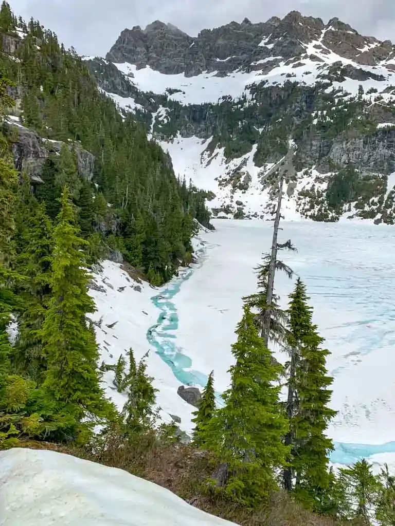 Frozen Love Lake in Strathcona Provincial Park with mountains behind