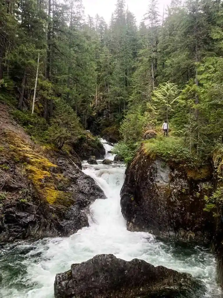 A waterfall in a rocky canyon at Margaret Creek on the Della Falls Trail