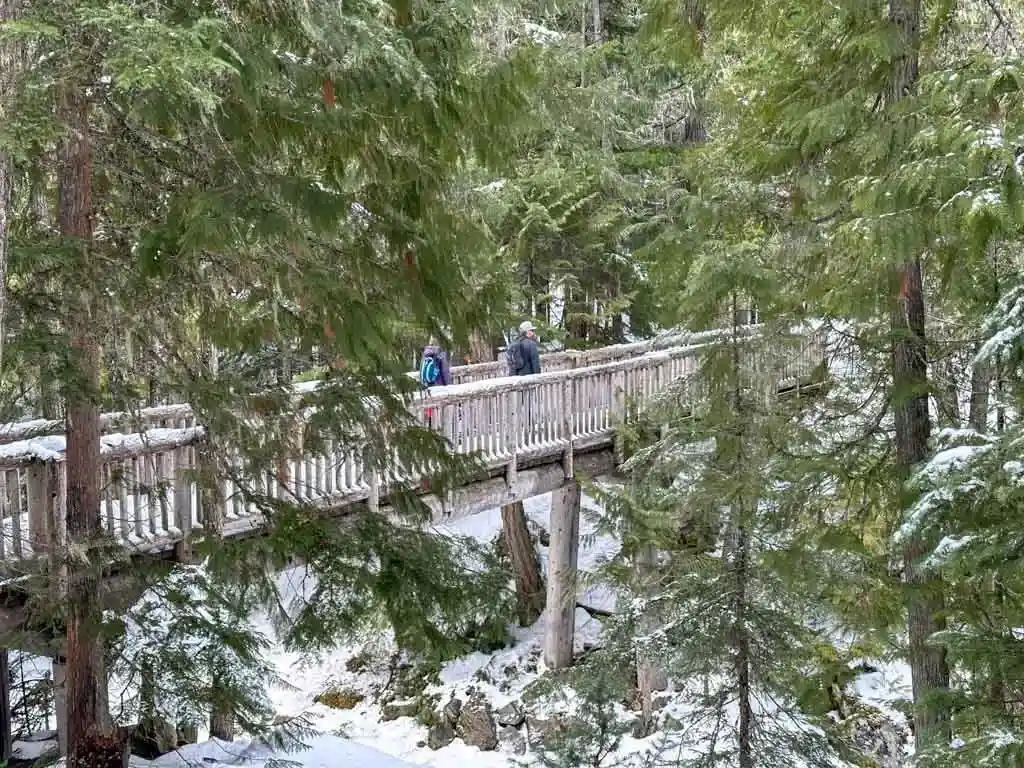 Snowshoers crossing a bridge at Lost Lake Park in Whistler
