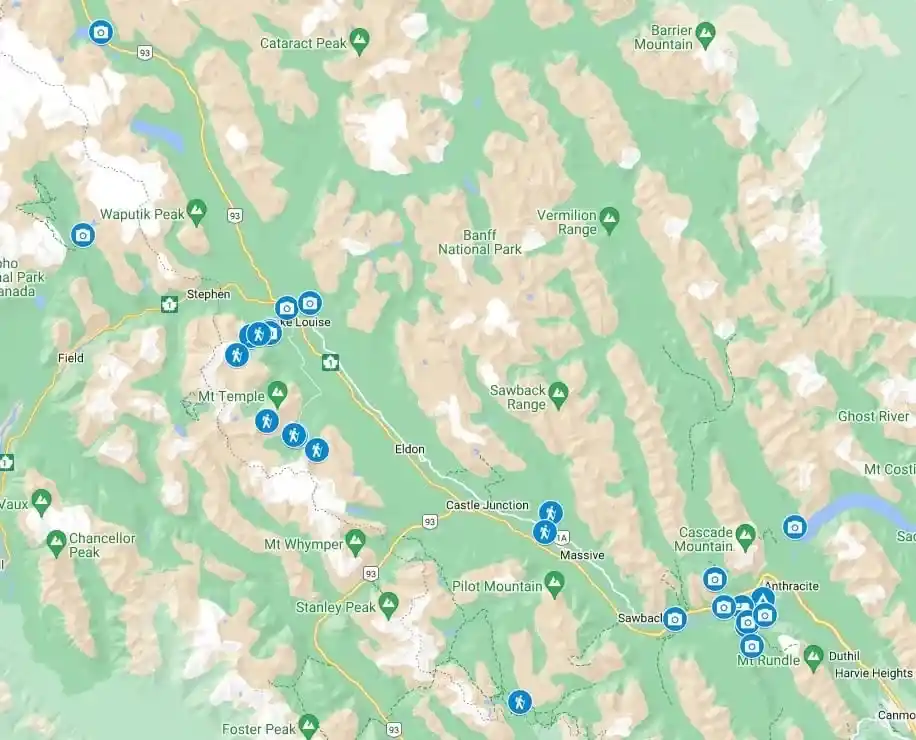 A custom google map showing the locations of places to visit in Banff in the Fall