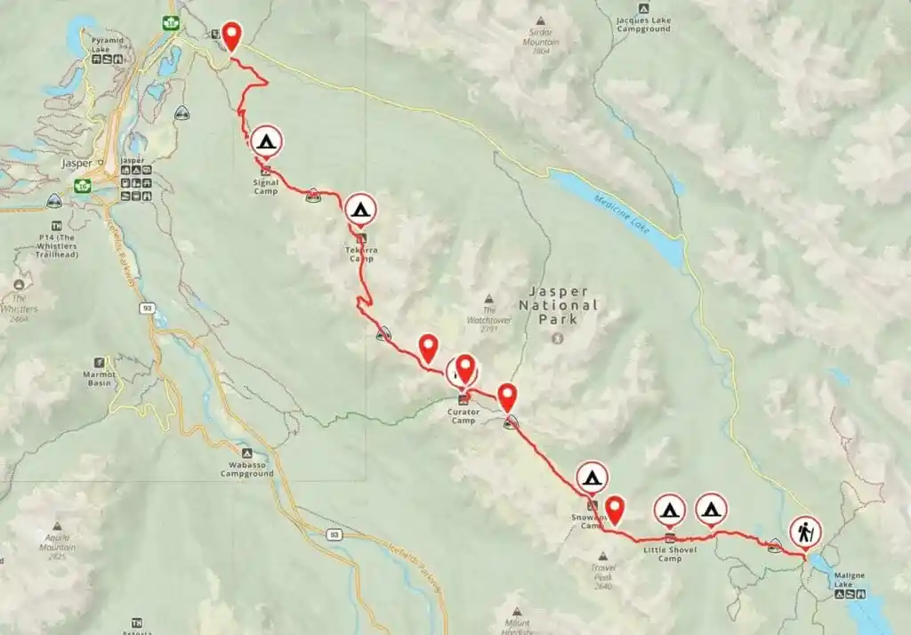 Map of the Skyline Trail in Jasper National Park