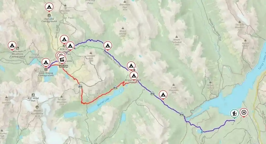 Mount Assiniboine Park map showing the route from Mount Shark to Lake Magog via Assiniboine Pass.