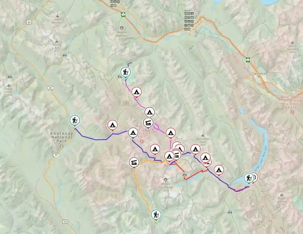 Mount Assiniboine Park Map showing all trails