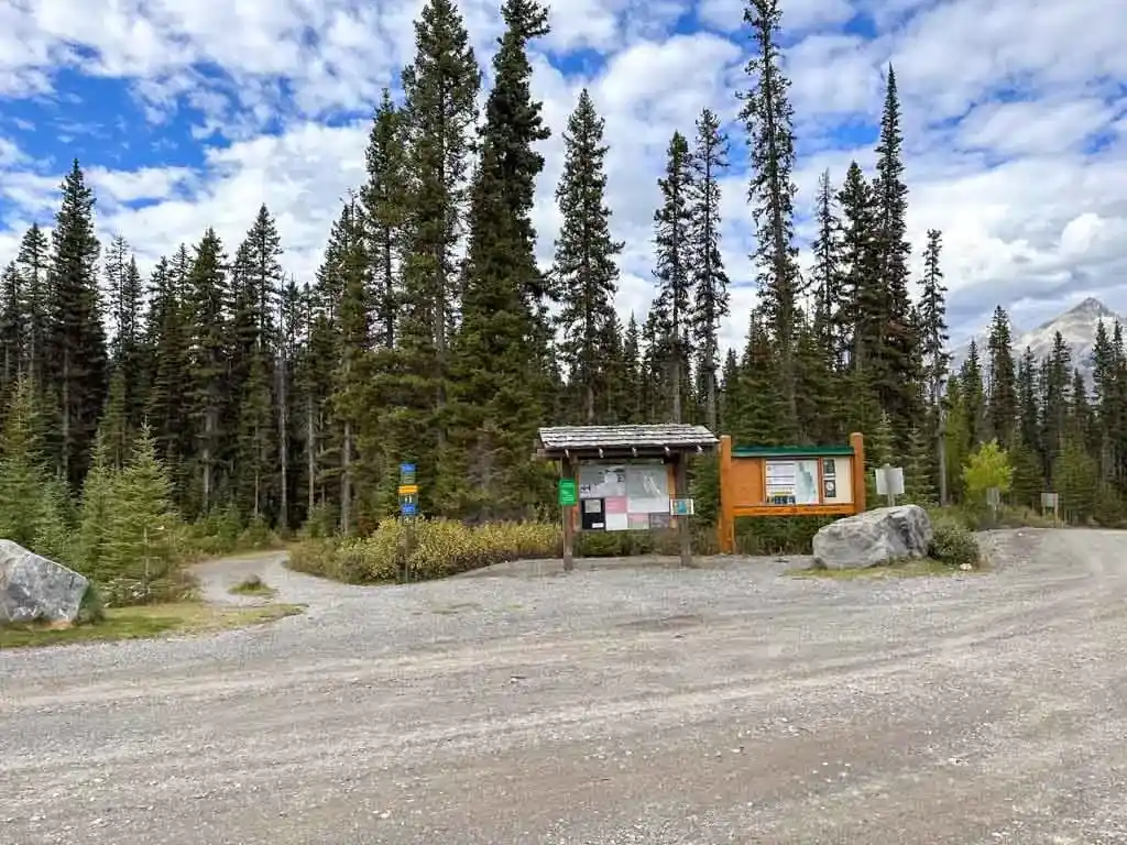 Signs at the Mount Shark trailhead for Mount Assiniboine
