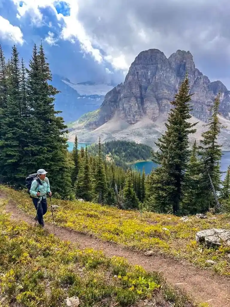 A hikers walks along a trail in Assiniboine Park with Sunburst Peak in the background