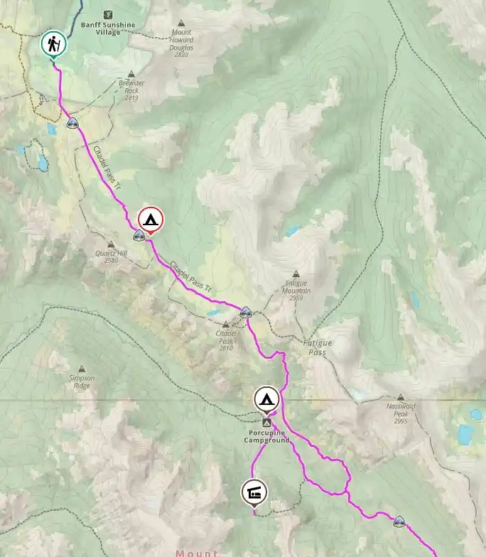 Map showing the locations of campgrounds along the Sunshine/Citadel Pass route to Lake Magog