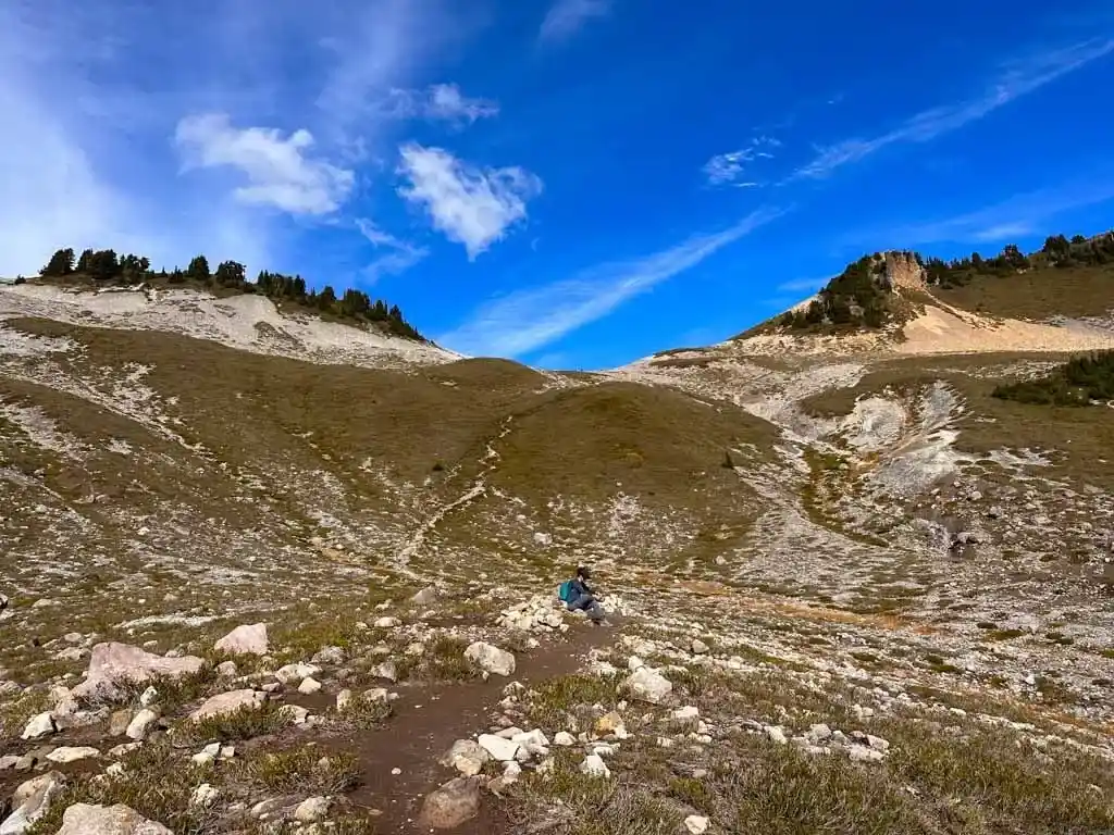A hiker takes a break on the way up to the saddle between the Gargoyles and Columnar Peak