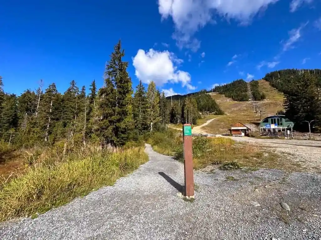 The end of the Howe Sound Crest Trail near the bottom of the ski lifts and the lodge at Cypress Mountain in West Vancouver.