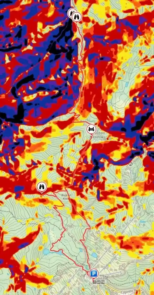 Map showing the avalanche hazard on the St Mark's Summit Trail near Vancouver. The map is colour coded to show areas with more potential hazard.