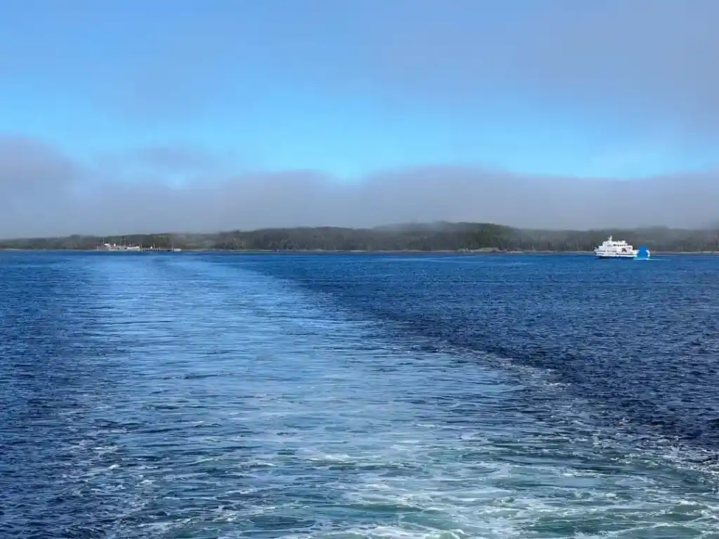 The view from the Fogo Island Ferry. You can see the Farewell Ferry terminal and the other ferry vessel.
