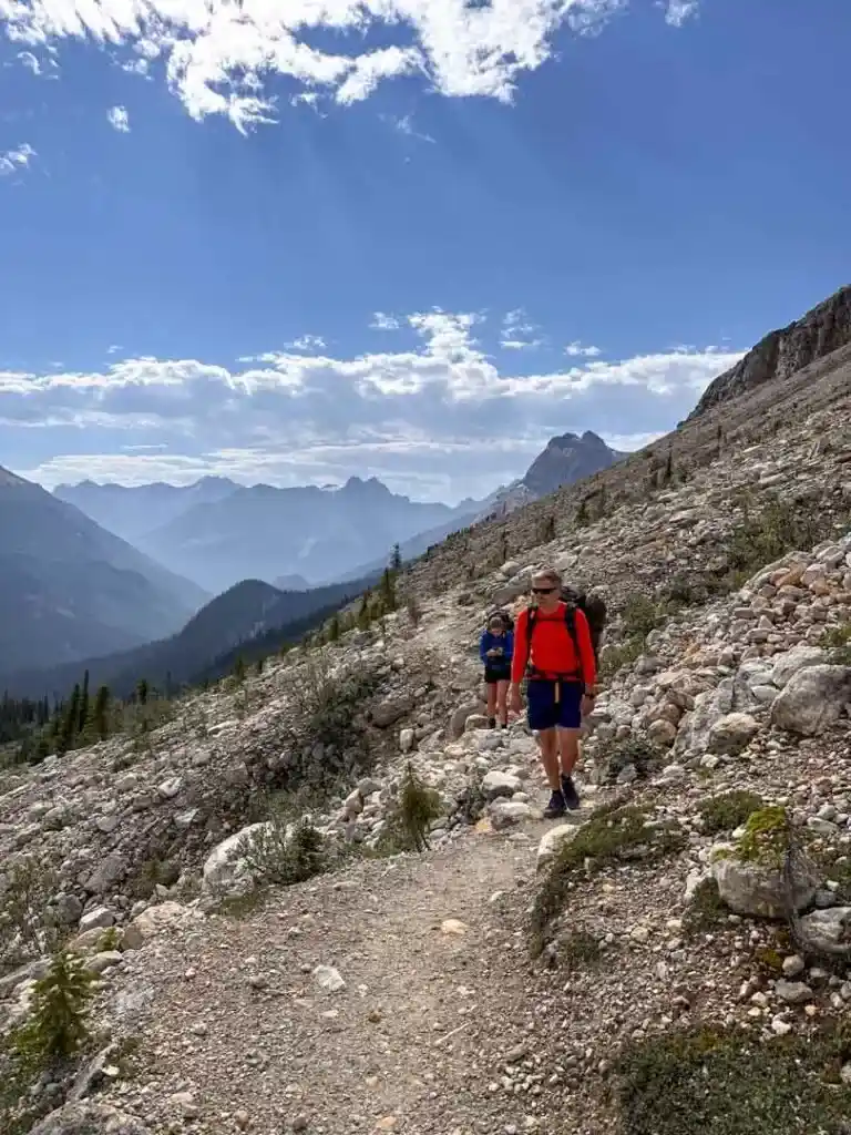 Hikers on the Iceline Trail in Yoho National Park as they approach the treeline
