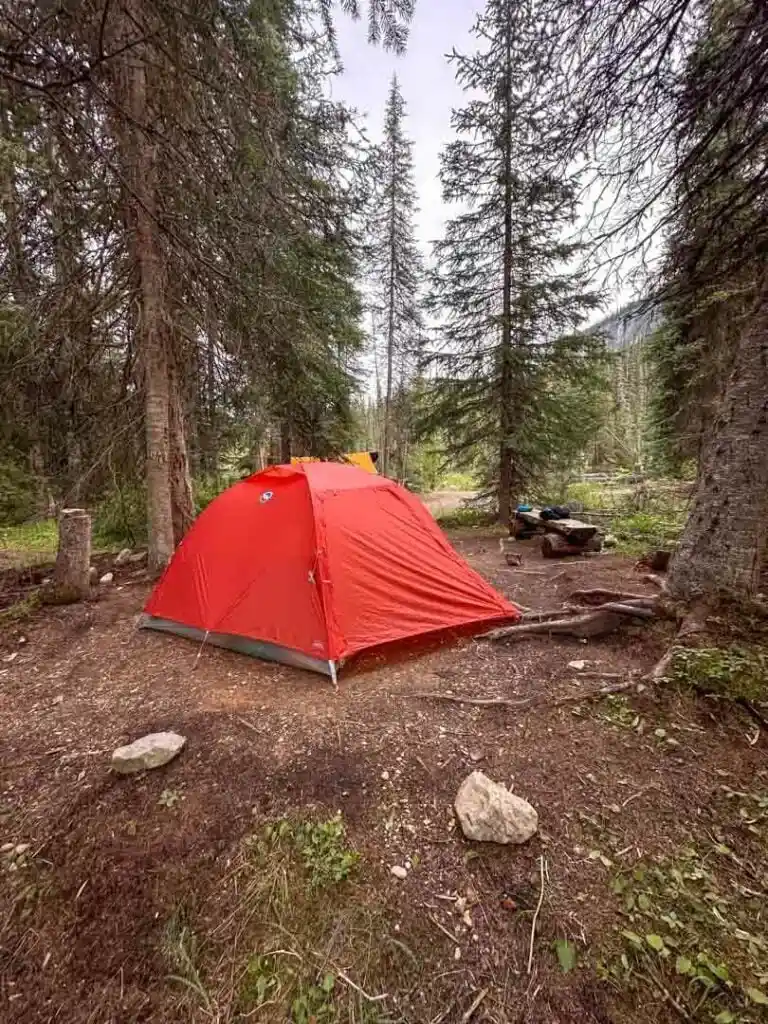 An orange tent surrounded by trees at Twin Falls Camp on the Yoho Valley Loop