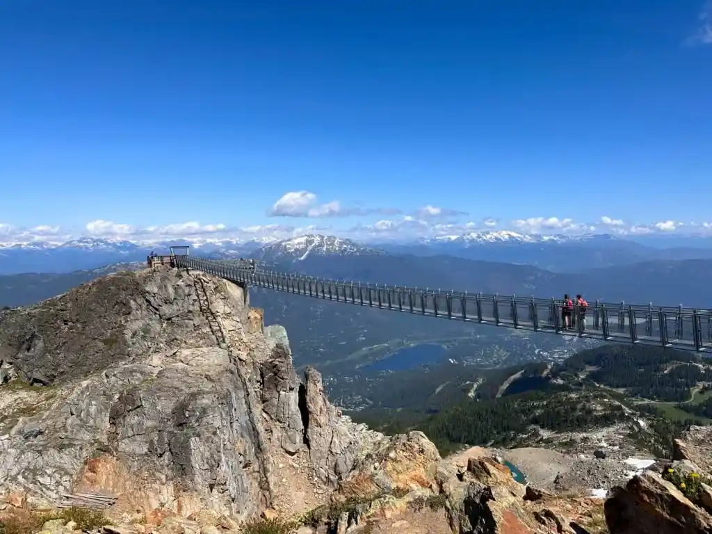 People walk across the Cloudraker Suspension Bridge at Whistler